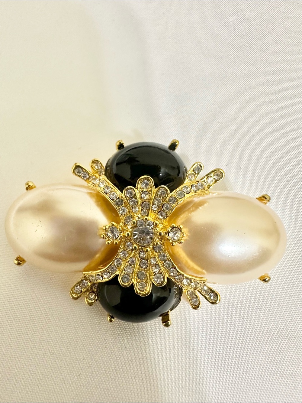 Vintage Gold-Plated Pearl & Black Cabochon Statement Brooch